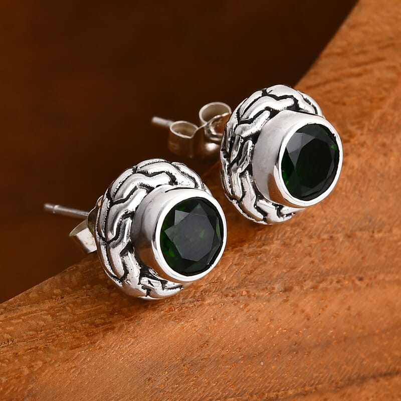 Bali Legacy Chrome Diopside 1.70 ctw Tulang Naga Texture Stud Earrings in Sterling Silver 
