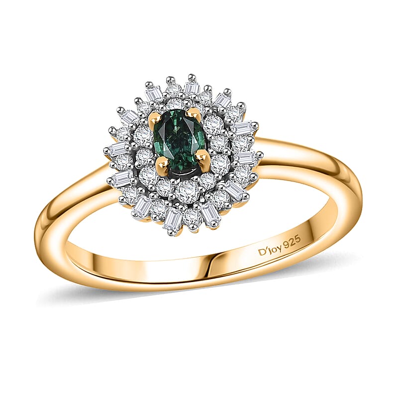 D'Joy Premium Pirineu Lagoon Tourmaline, Diamond 0.40 ctw Sunburst Ring in 18K Vermeil Yellow Gold Over Sterling Silver (Size 10.0)