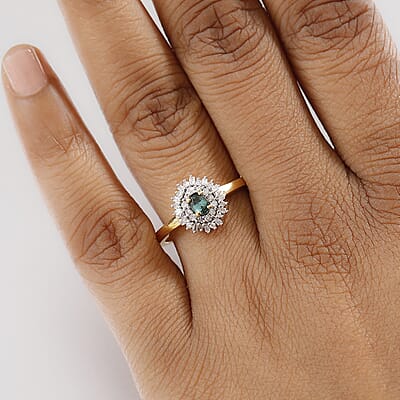 D'Joy Premium Pirineu Lagoon Tourmaline, Diamond 0.40 ctw Sunburst Ring in 18K Vermeil Yellow Gold Over Sterling Silver (Size 10.0)