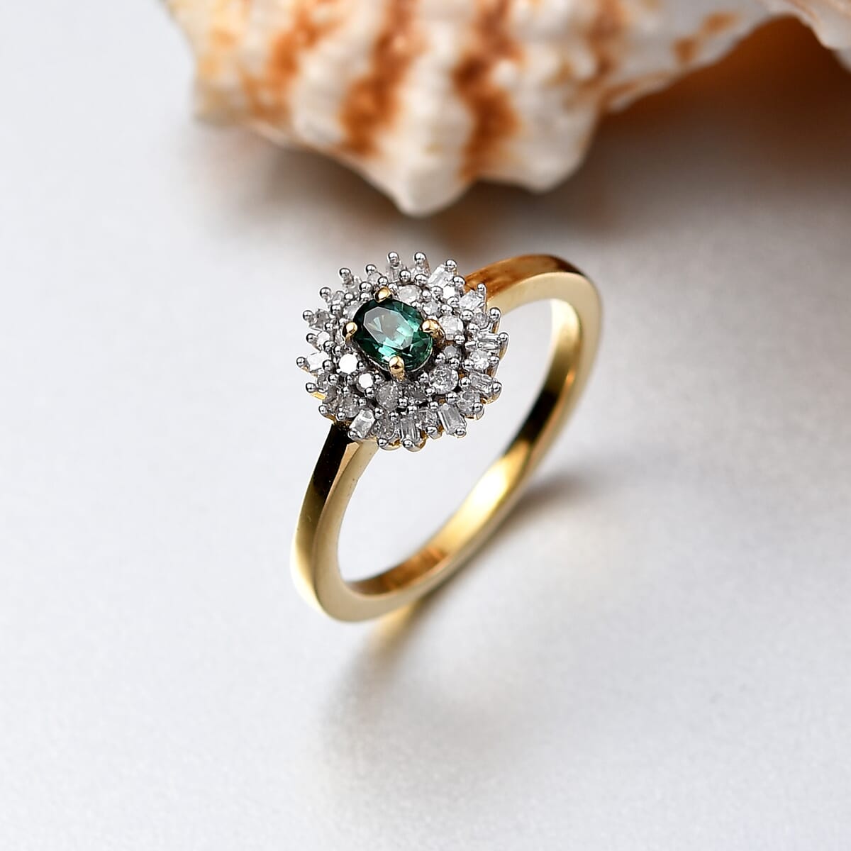 D'Joy Premium Pirineu Lagoon Tourmaline, Diamond 0.40 ctw Sunburst Ring in 18K Vermeil Yellow Gold Over Sterling Silver (Size 6.0) image number 1