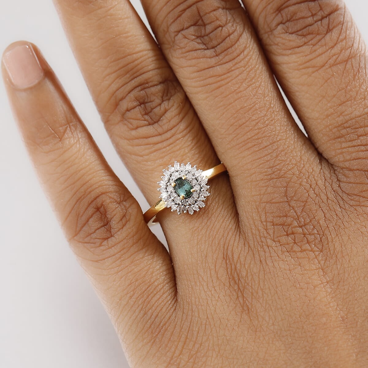 D'Joy Premium Pirineu Lagoon Tourmaline, Diamond 0.40 ctw Sunburst Ring in 18K Vermeil Yellow Gold Over Sterling Silver (Size 6.0) image number 2