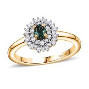 D'Joy Premium Pirineu Lagoon Tourmaline, Diamond 0.40 ctw Sunburst Ring in 18K Vermeil Yellow Gold Over Sterling Silver (Size 7.0)