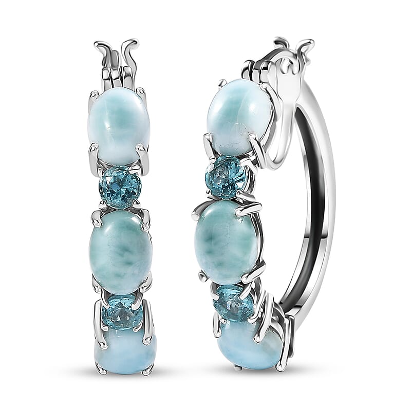 D'Joy Premium Larimar and Betroka Blue Apatite 11.20 ctw Hoop Earrings in Rhodium Over Sterling Silver