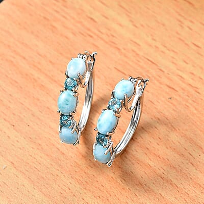 D'Joy Premium Larimar and Betroka Blue Apatite 11.20 ctw Hoop Earrings in Rhodium Over Sterling Silver