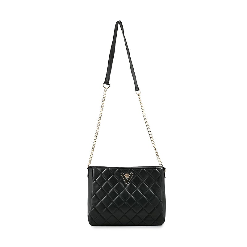 Valentino Orlandi Black Quilted Vegan Leather Crossboday Bag with Golden Chain Strap