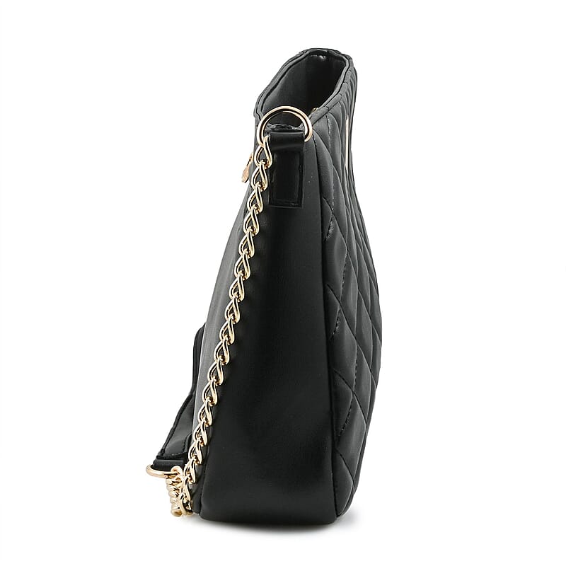Valentino Orlandi Black Quilted Vegan Leather Crossboday Bag with Golden Chain Strap
