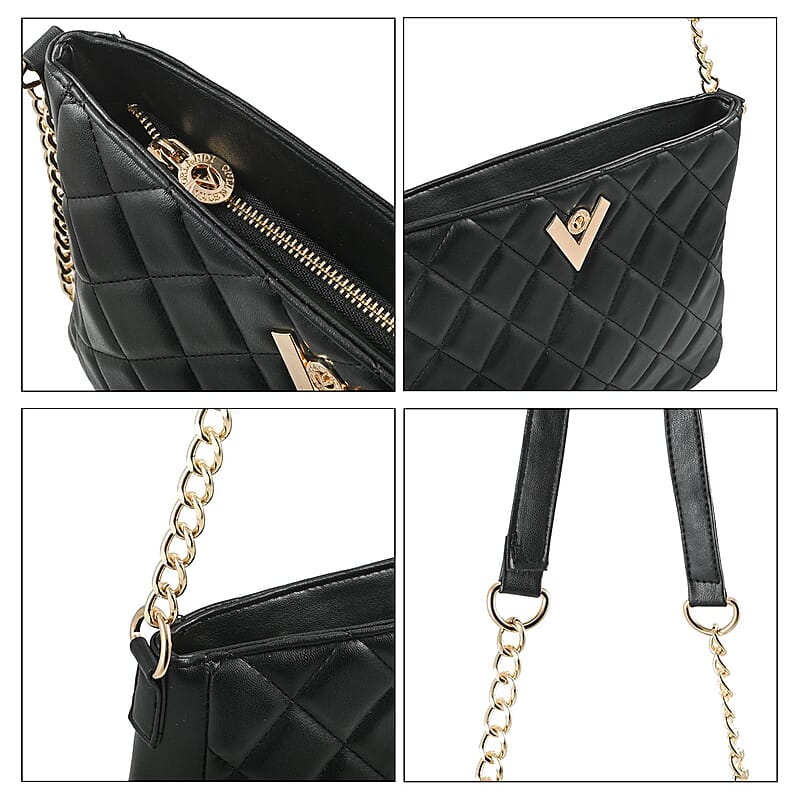Valentino Orlandi Black Quilted Vegan Leather Crossboday Bag with Golden Chain Strap