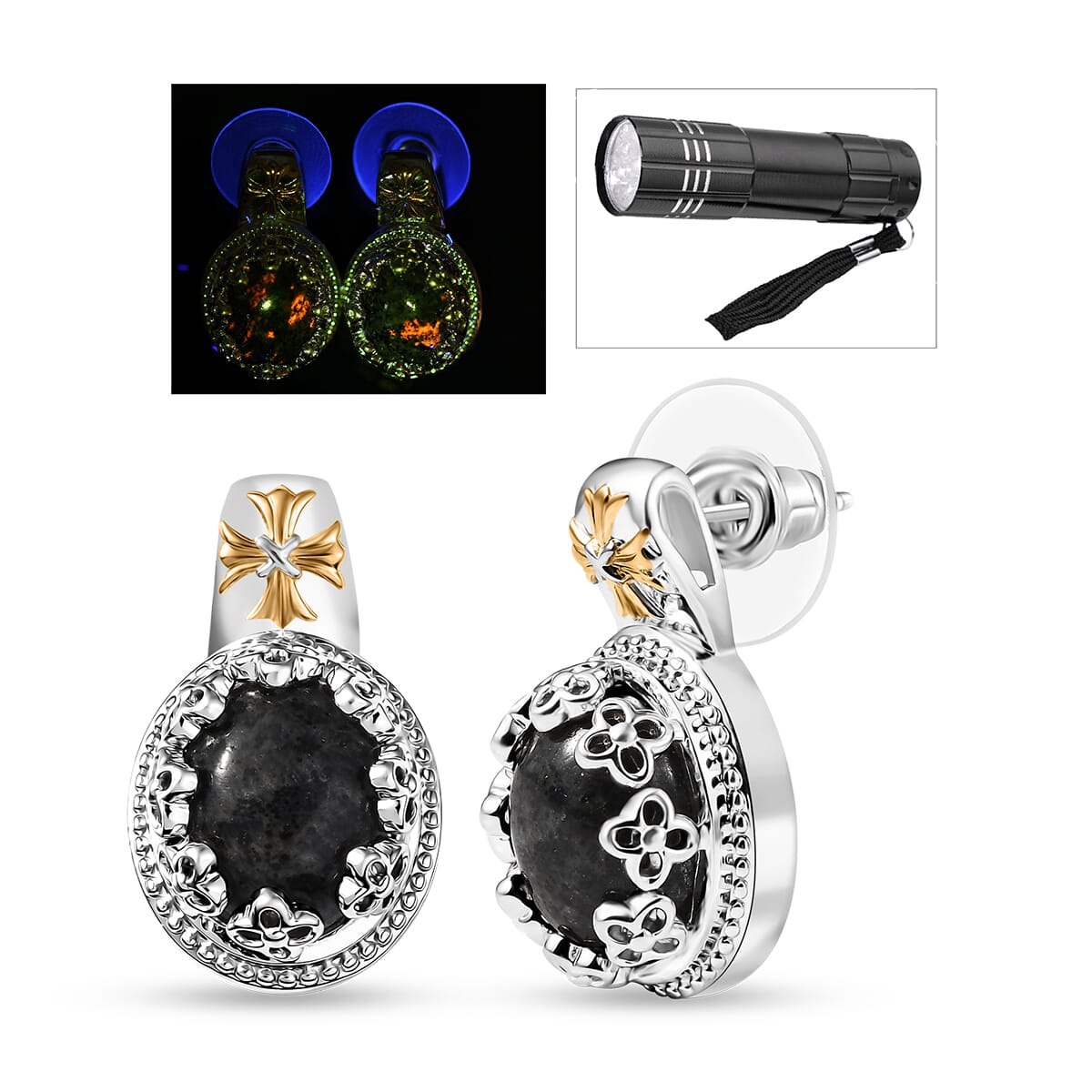 Karis Natural Yooperlite 10.10 ctw Crown Earrings in 18K YG Plated and Platinum Bond with Free UV Flash Light image number 0