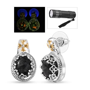 Karis Natural Yooperlite 10.10 ctw Crown Earrings in 18K YG Plated and Platinum Bond with Free UV Flash Light