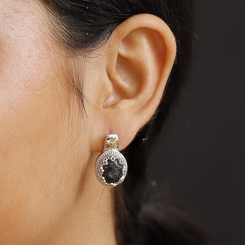 Karis Natural Yooperlite 10.10 ctw Crown Earrings in 18K YG Plated and Platinum Bond with Free UV Flash Light