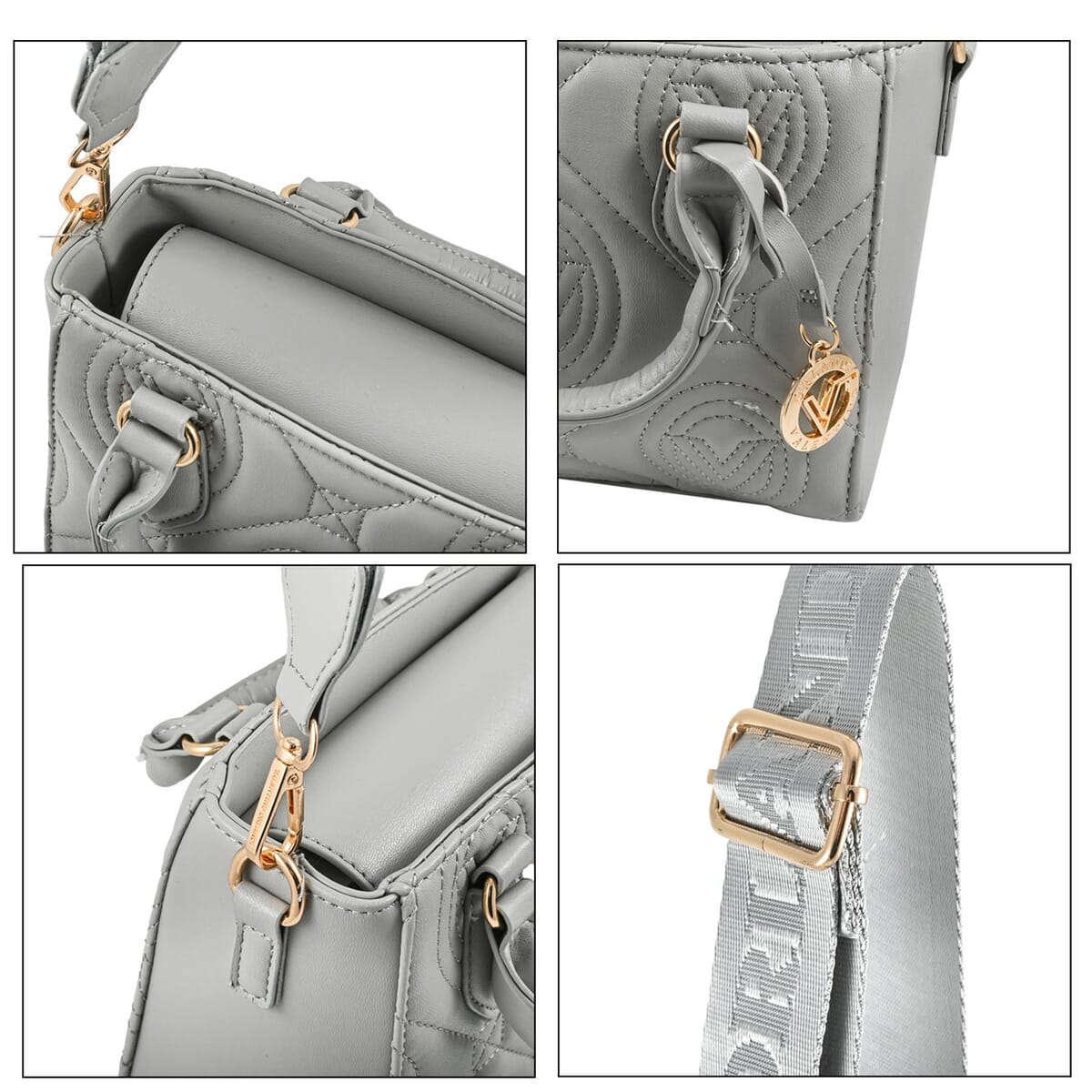 Valentino Orlandi Gray Quilted Vegan Leather Handbag with Top Handle and Removable Shoulder Strap  image number 4