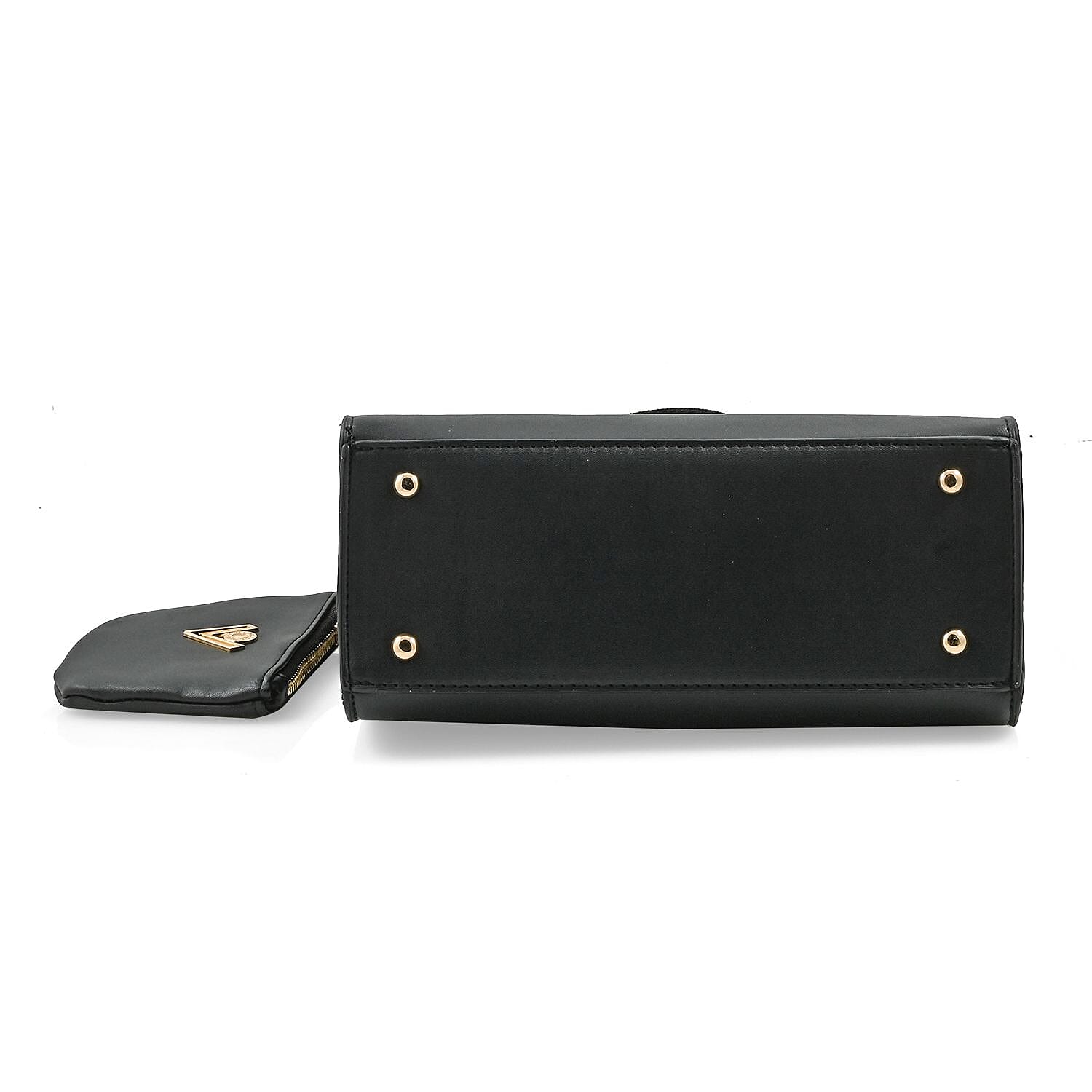 Valentino Orlandi Black Flapover V Logo Vegan Leather Satchel Bag with Adjustable Strap and Additional Wallet
