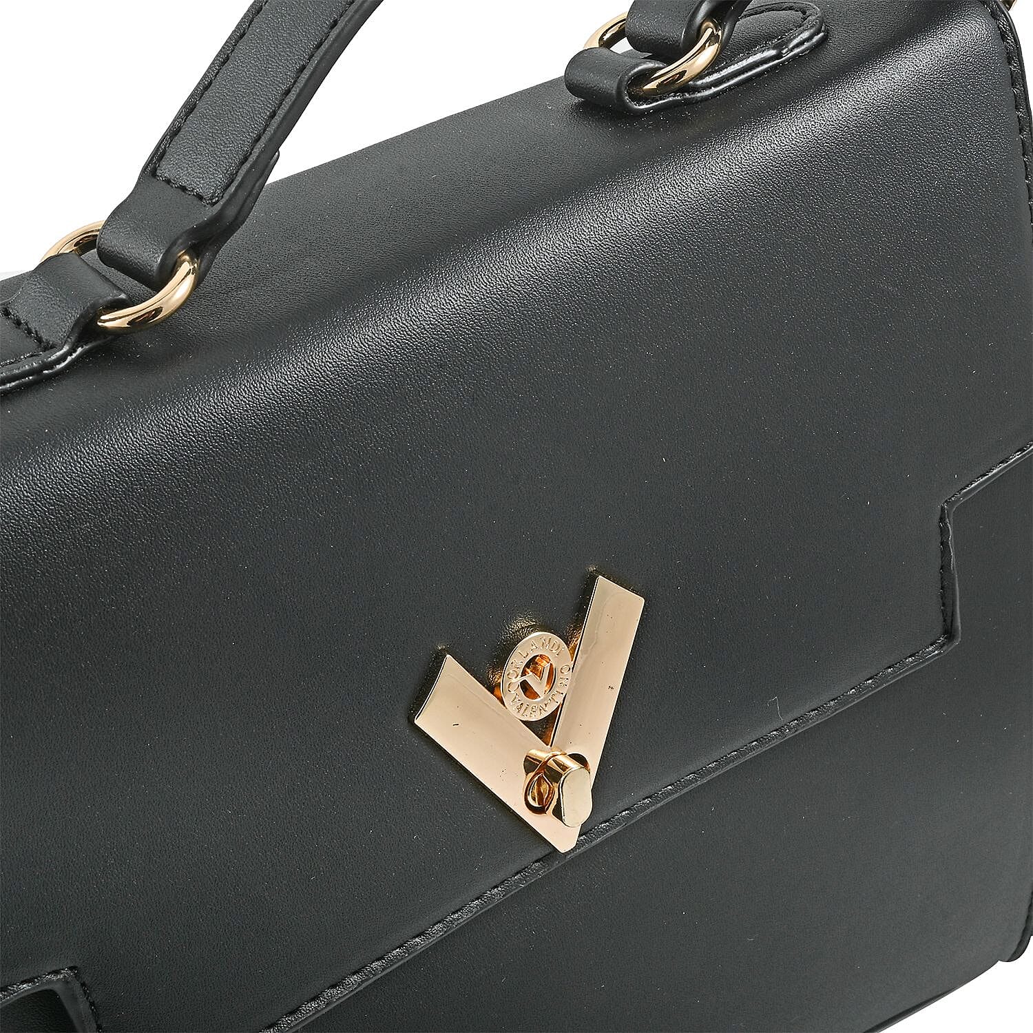Valentino Orlandi Black Flapover V Logo Vegan Leather Satchel Bag with Adjustable Strap and Additional Wallet