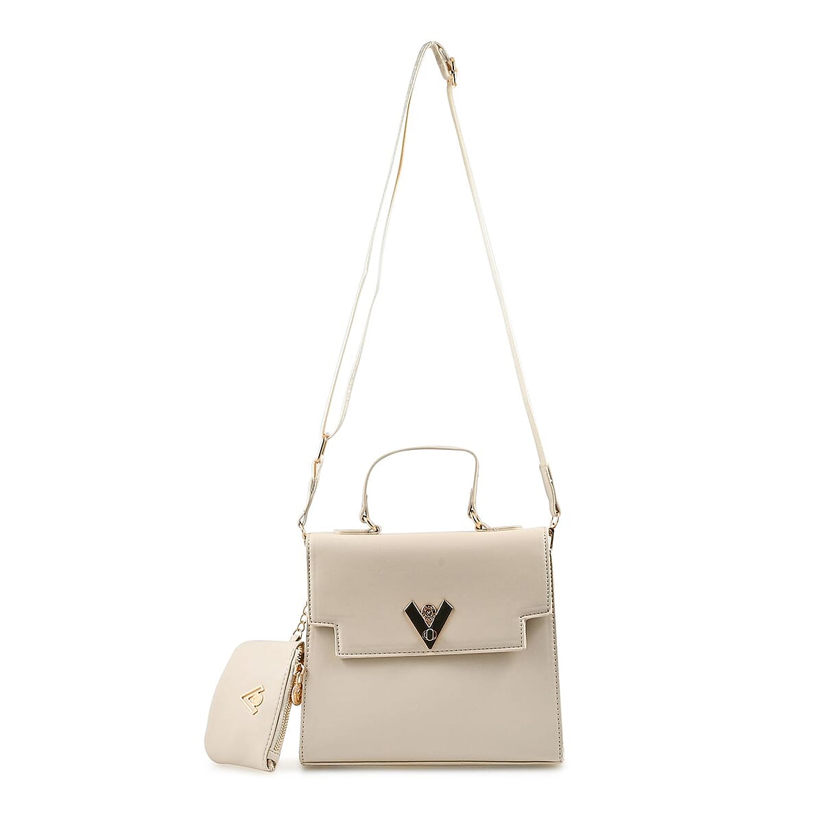 Valentino Orlandi Cream Flapover V Logo Vegan Leather Satchel Bag with Adjustable Strap and Additional Wallet image number 0