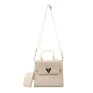 Valentino Orlandi Cream Flapover V Logo Vegan Leather Satchel Bag with Adjustable Strap and Additional Wallet