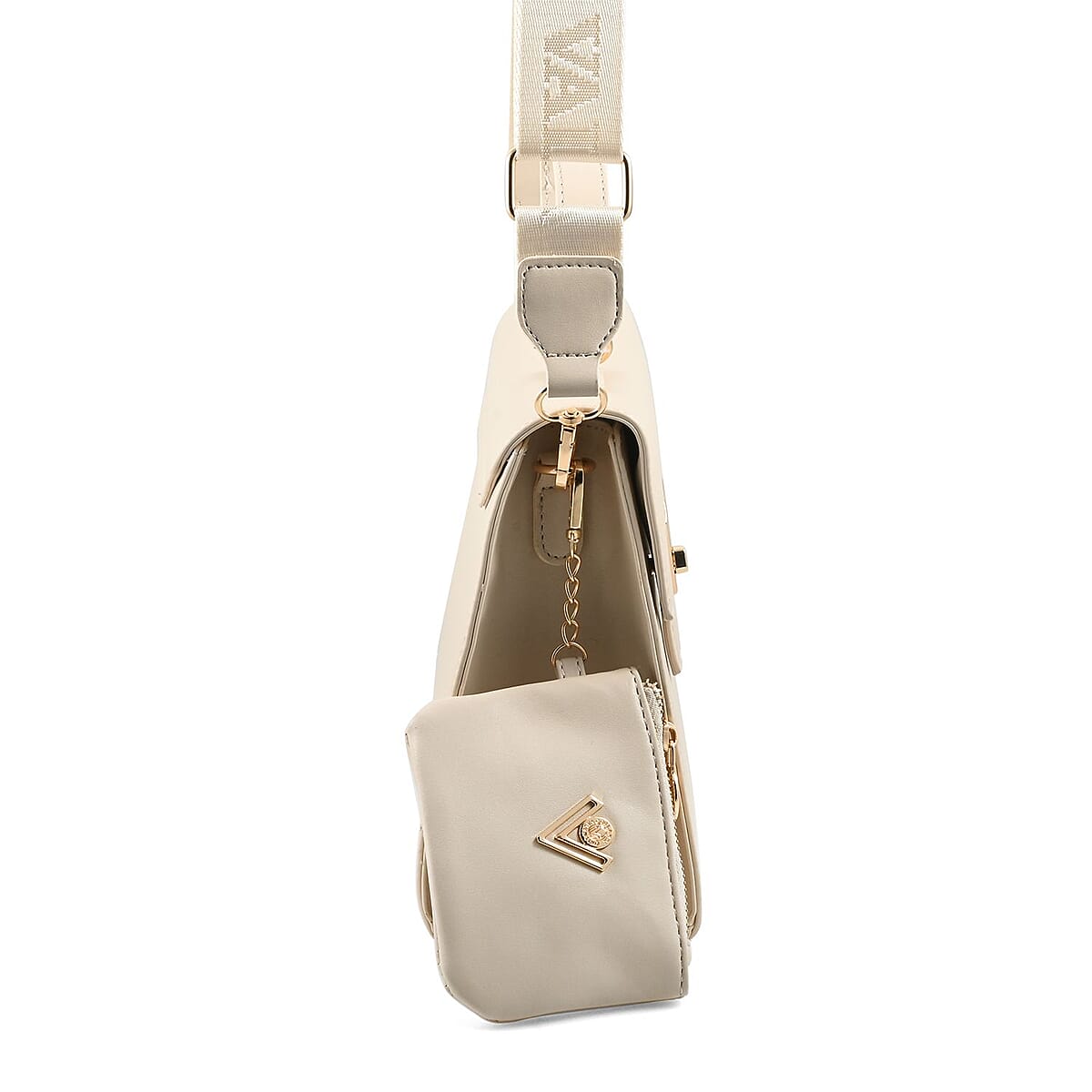 Valentino Orlandi Cream Flapover V Logo Vegan Leather Satchel Bag with Adjustable Strap and Additional Wallet image number 2