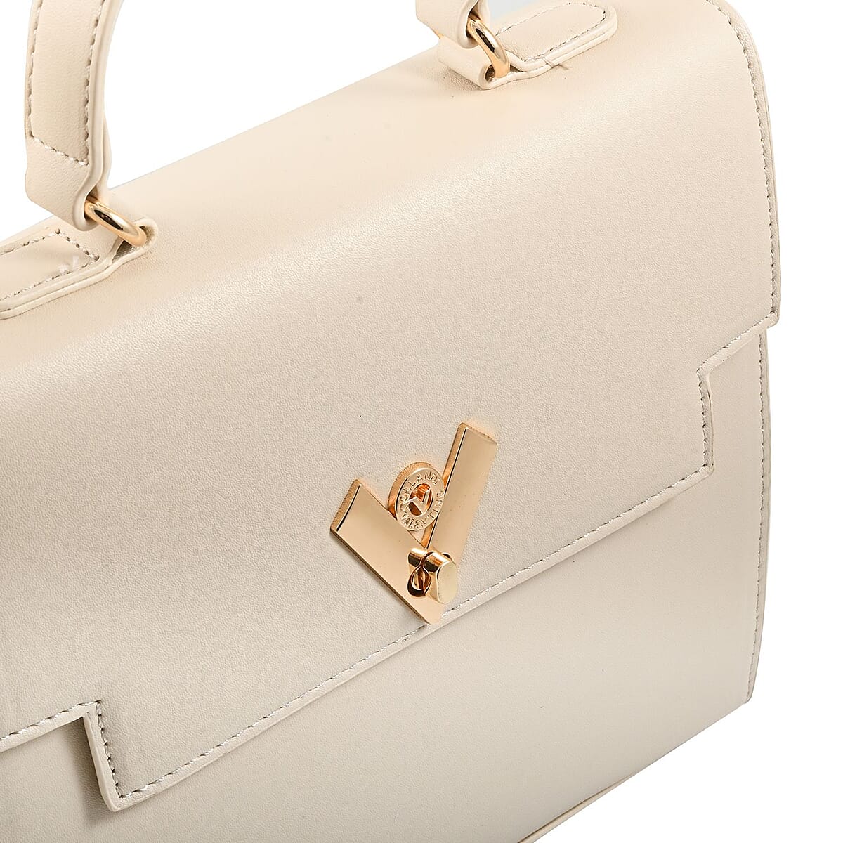 Valentino Orlandi Cream Flapover V Logo Vegan Leather Satchel Bag with Adjustable Strap and Additional Wallet image number 4