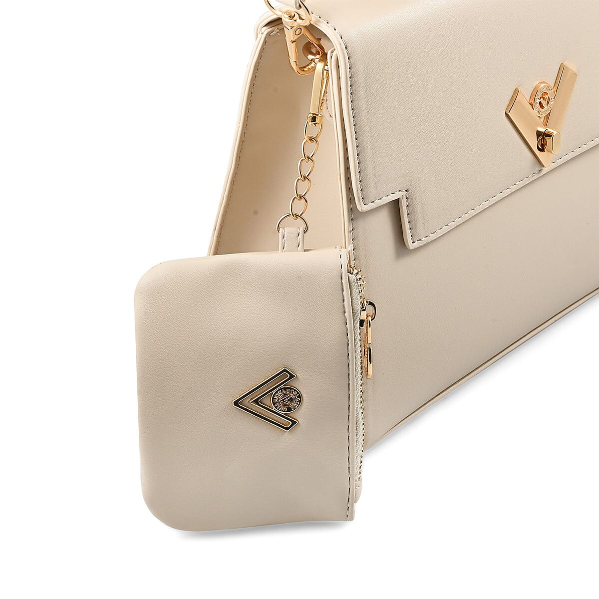 Valentino Orlandi Cream Flapover V Logo Vegan Leather Satchel Bag with Adjustable Strap and Additional Wallet image number 5