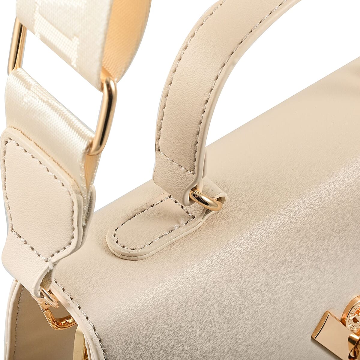 Valentino Orlandi Cream Flapover V Logo Vegan Leather Satchel Bag with Adjustable Strap and Additional Wallet image number 6