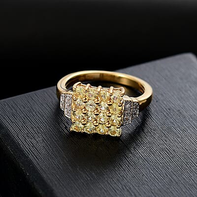 D'Joy Madagascar Yellow Sapphire and White Zircon 1.60 ctw Sunbeam Mosaic Ring in 18K Vermeil Yellow Gold Over Sterling Silver (Size 9.0)