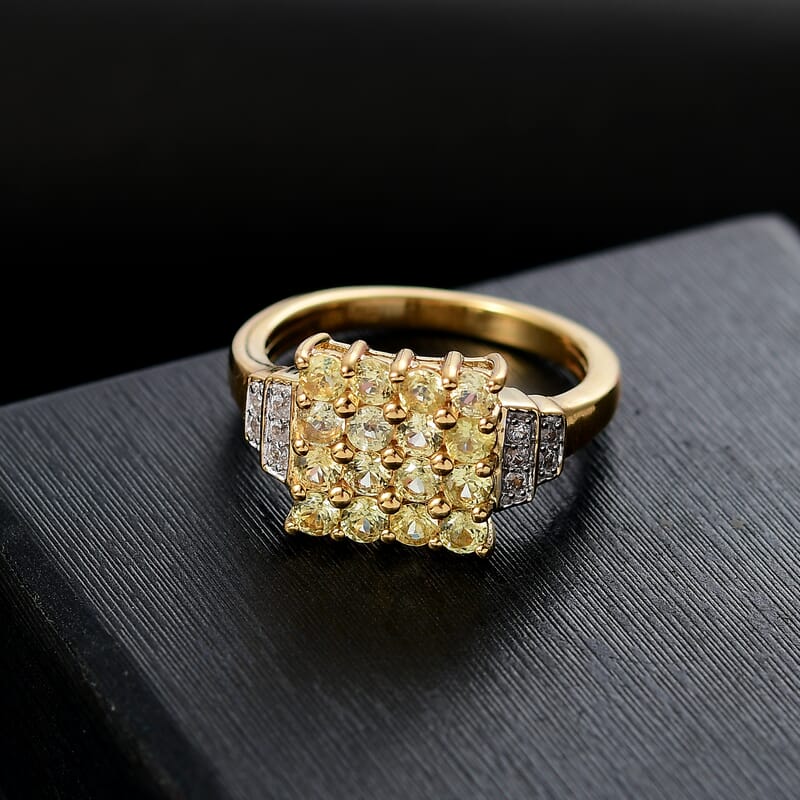 D'Joy Madagascar Yellow Sapphire and White Zircon 1.60 ctw Sunbeam Mosaic Ring in 18K Vermeil Yellow Gold Over Sterling Silver (Size 9.0)
