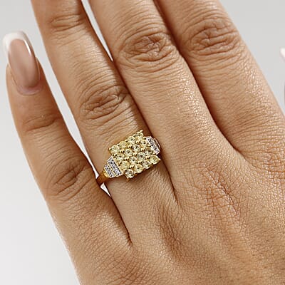 D'Joy Madagascar Yellow Sapphire and White Zircon 1.60 ctw Sunbeam Mosaic Ring in 18K Vermeil Yellow Gold Over Sterling Silver (Size 9.0)