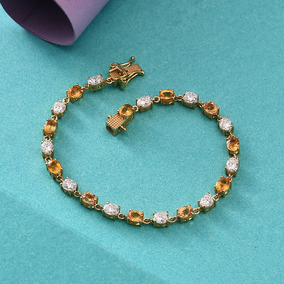 D'Joy Premium Madagascar Yellow Sapphire and Moissanite 8.00 ctw Celestial Harmony Bracelet in 18K Vermeil Yellow Gold Over Sterling Silver (6.50 In) image number 1