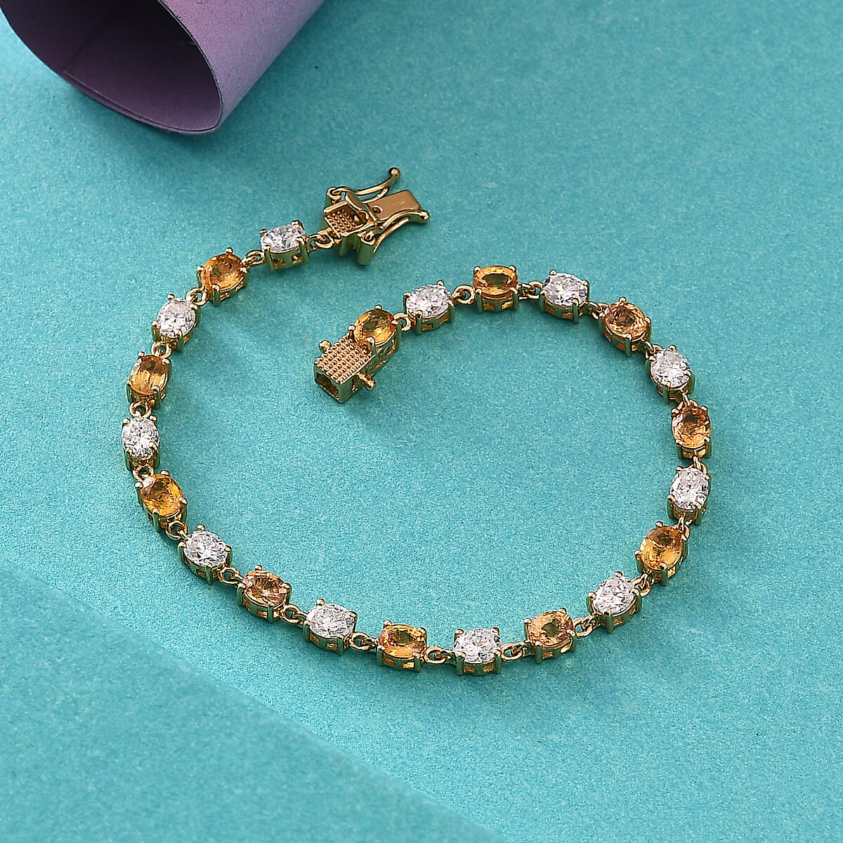 D'Joy Premium Madagascar Yellow Sapphire and Moissanite 8.50 ctw Celestial Harmony Bracelet in 18K Vermeil Yellow Gold Over Sterling Silver (7.25 In) image number 1