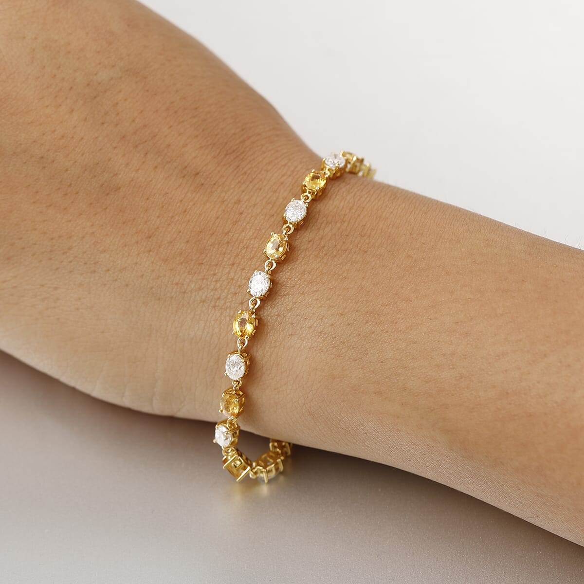 D'Joy Premium Madagascar Yellow Sapphire and Moissanite 10.00 ctw Bracelet in 18K Vermeil Yellow Gold Over Sterling Silver (8.00 In) image number 2