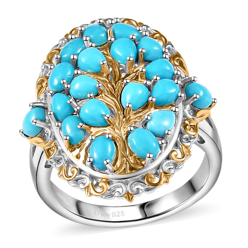 D'Joy Sleeping Beauty Turquoise 4.15 ctw Tree of Life Ring in 18K Vermeil YG and Rhodium Over Sterling Silver (Size 10.0)