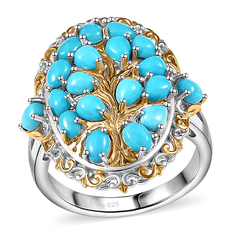 D'Joy Sleeping Beauty Turquoise 4.15 ctw Tree of Life Ring in 18K Vermeil YG and Rhodium Over Sterling Silver (Size 10.0)