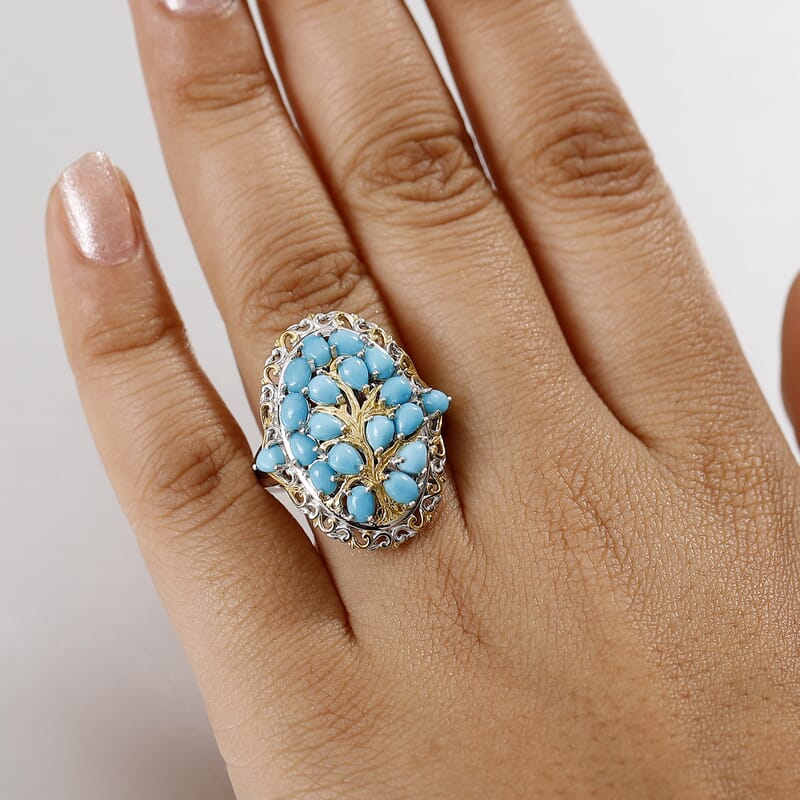D'Joy Sleeping Beauty Turquoise 4.15 ctw Tree of Life Ring in 18K Vermeil YG and Rhodium Over Sterling Silver (Size 10.0)