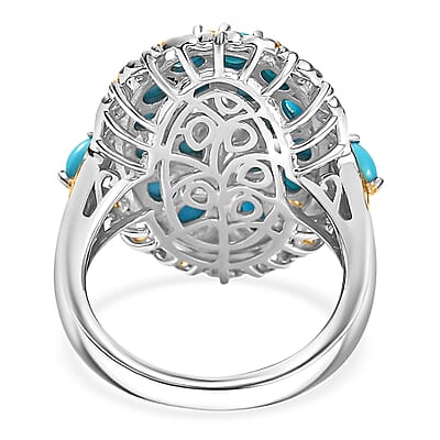 D'Joy Sleeping Beauty Turquoise 4.15 ctw Tree of Life Ring in 18K Vermeil YG and Rhodium Over Sterling Silver (Size 10.0)