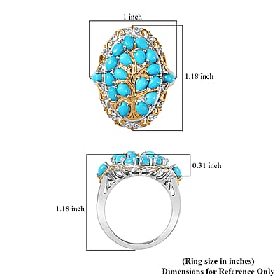 D'Joy Sleeping Beauty Turquoise 4.15 ctw Tree of Life Ring in 18K Vermeil YG and Rhodium Over Sterling Silver (Size 10.0)