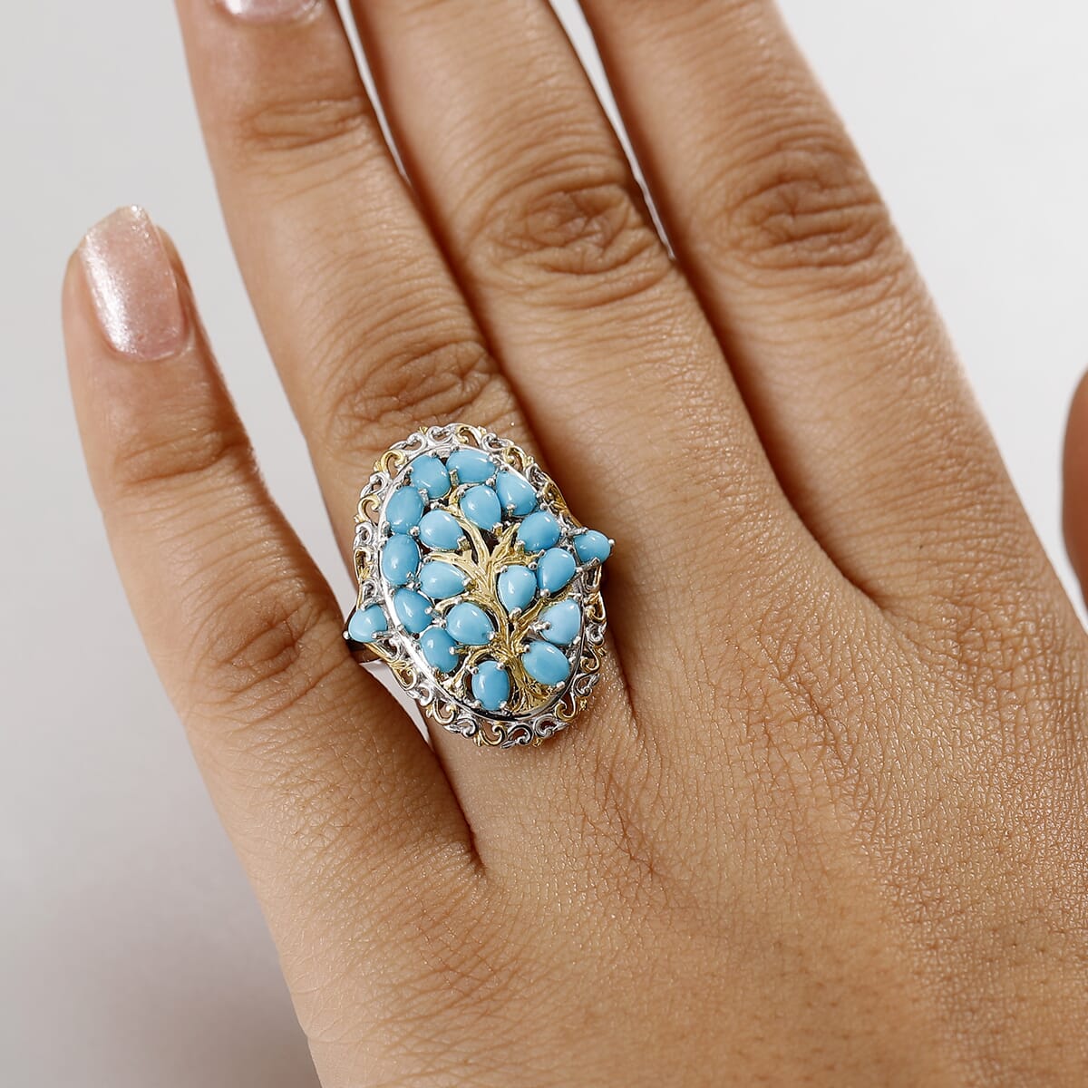 D'Joy Sleeping Beauty Turquoise 4.15 ctw Tree of Life Ring in 18K Vermeil YG and Rhodium Over Sterling Silver (Size 7.0) image number 2