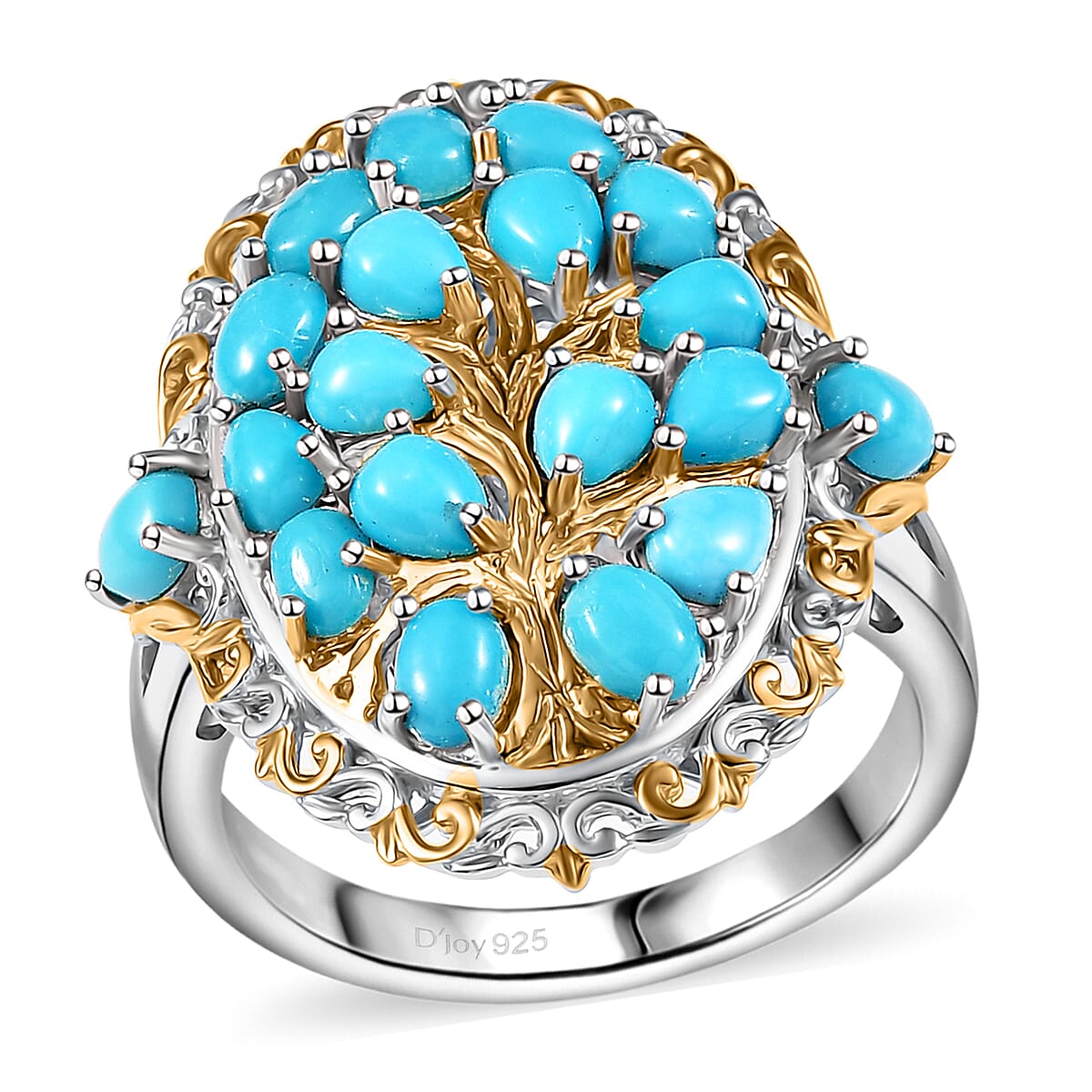 D'Joy Sleeping Beauty Turquoise 4.15 ctw Tree of Life Ring in 18K Vermeil YG and Rhodium Over Sterling Silver (Size 8.0) image number 0