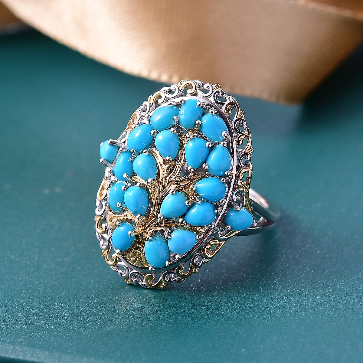 D'Joy Sleeping Beauty Turquoise 4.15 ctw Tree of Life Ring in 18K Vermeil YG and Rhodium Over Sterling Silver (Size 8.0) image number 1