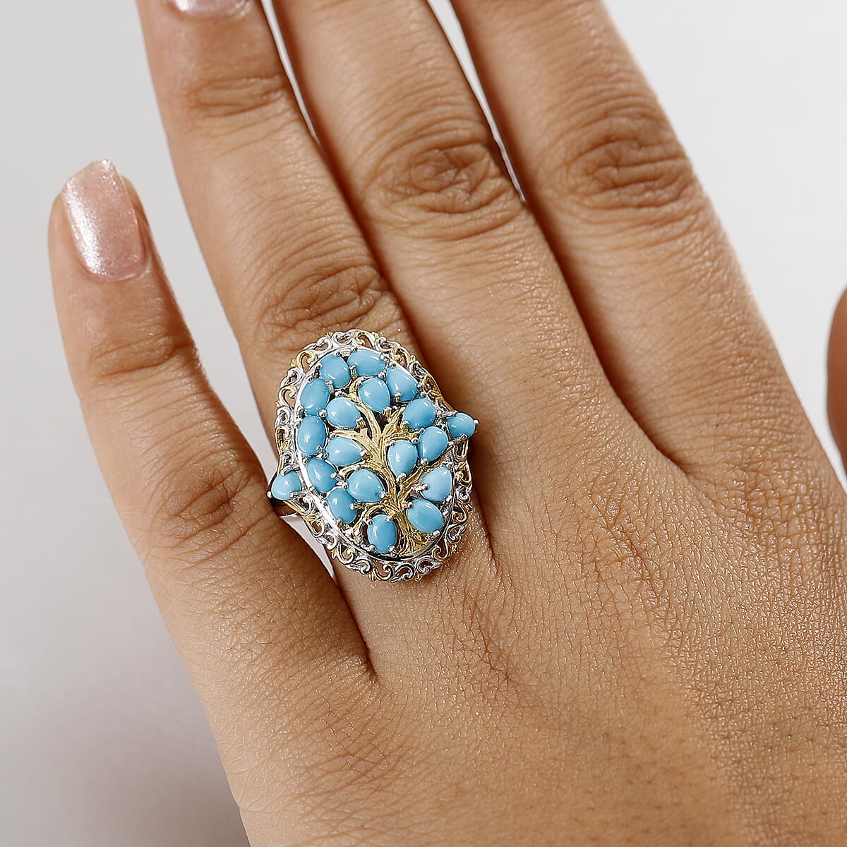 D'Joy Sleeping Beauty Turquoise 4.15 ctw Tree of Life Ring in 18K Vermeil YG and Rhodium Over Sterling Silver (Size 8.0) image number 2