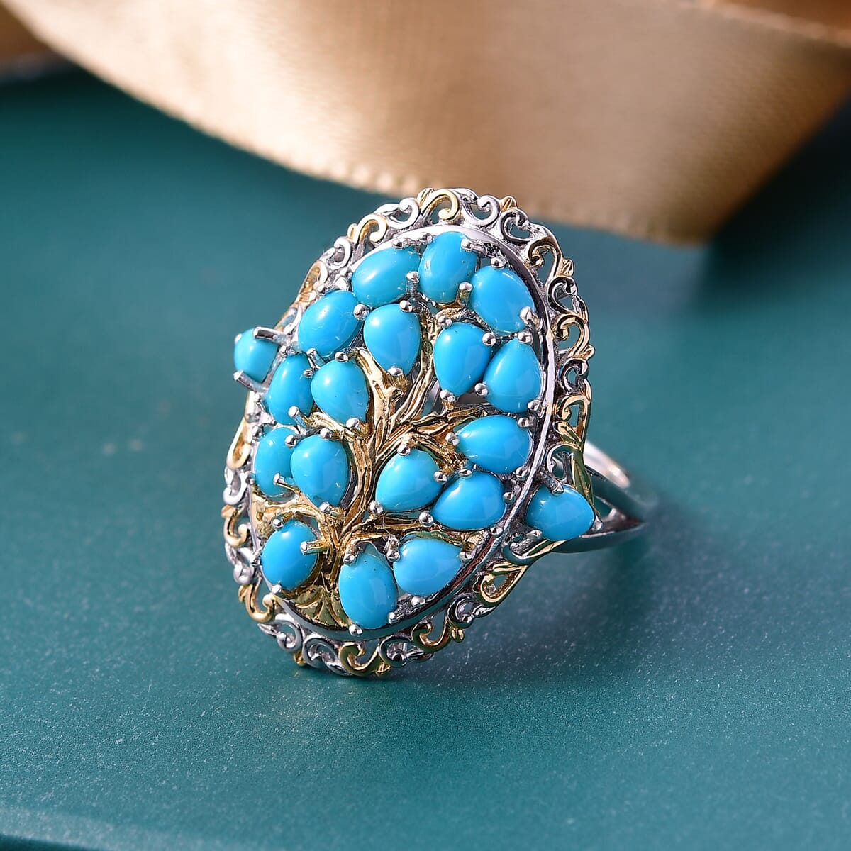 D'Joy Sleeping Beauty Turquoise 4.15 ctw Tree of Life Ring in 18K Vermeil YG and Rhodium Over Sterling Silver (Size 9.0) image number 1