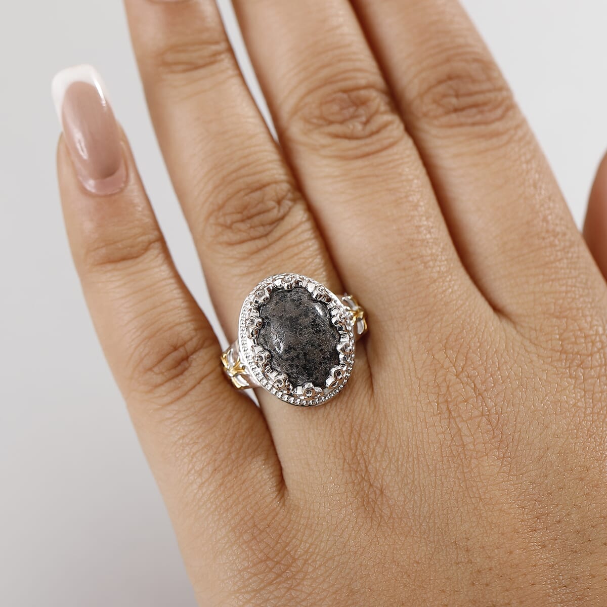 Karis Natural Yooperlite 9.90 ctw Crown Ring in 18K YG Plated and Platinum Bond (Size 10.0) with Free UV Flash Light  image number 2