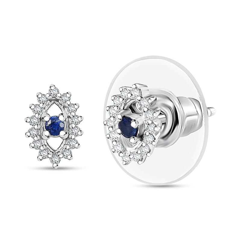 D'Joy Kanchanaburi Blue Sapphire and Moissanite 0.30 ctw Solitaire Stud Earrings in Rhodium Over Sterling Silver