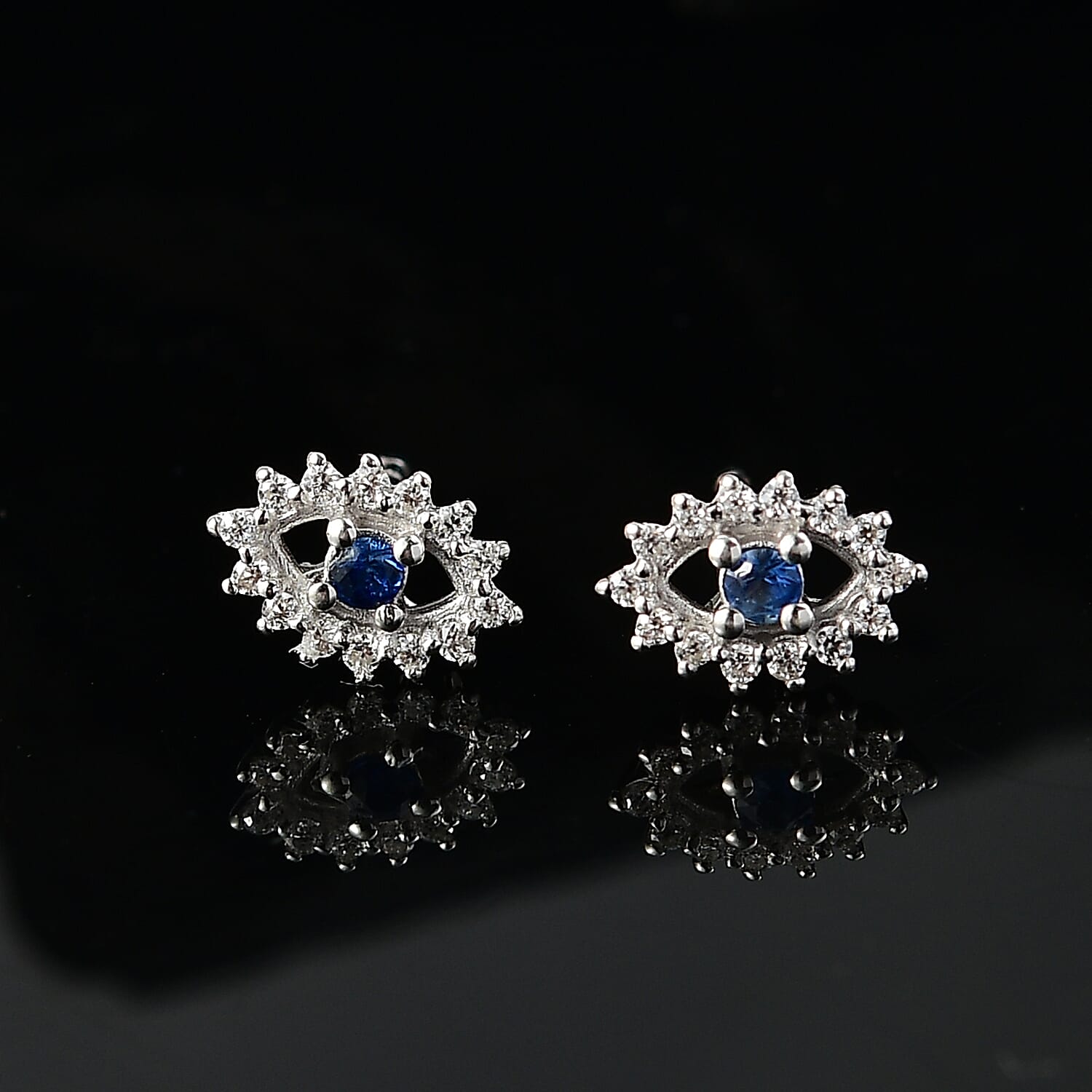 D'Joy Kanchanaburi Blue Sapphire and Moissanite 0.30 ctw Solitaire Stud Earrings in Rhodium Over Sterling Silver