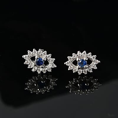 D'Joy Kanchanaburi Blue Sapphire and Moissanite 0.30 ctw Solitaire Stud Earrings in Rhodium Over Sterling Silver