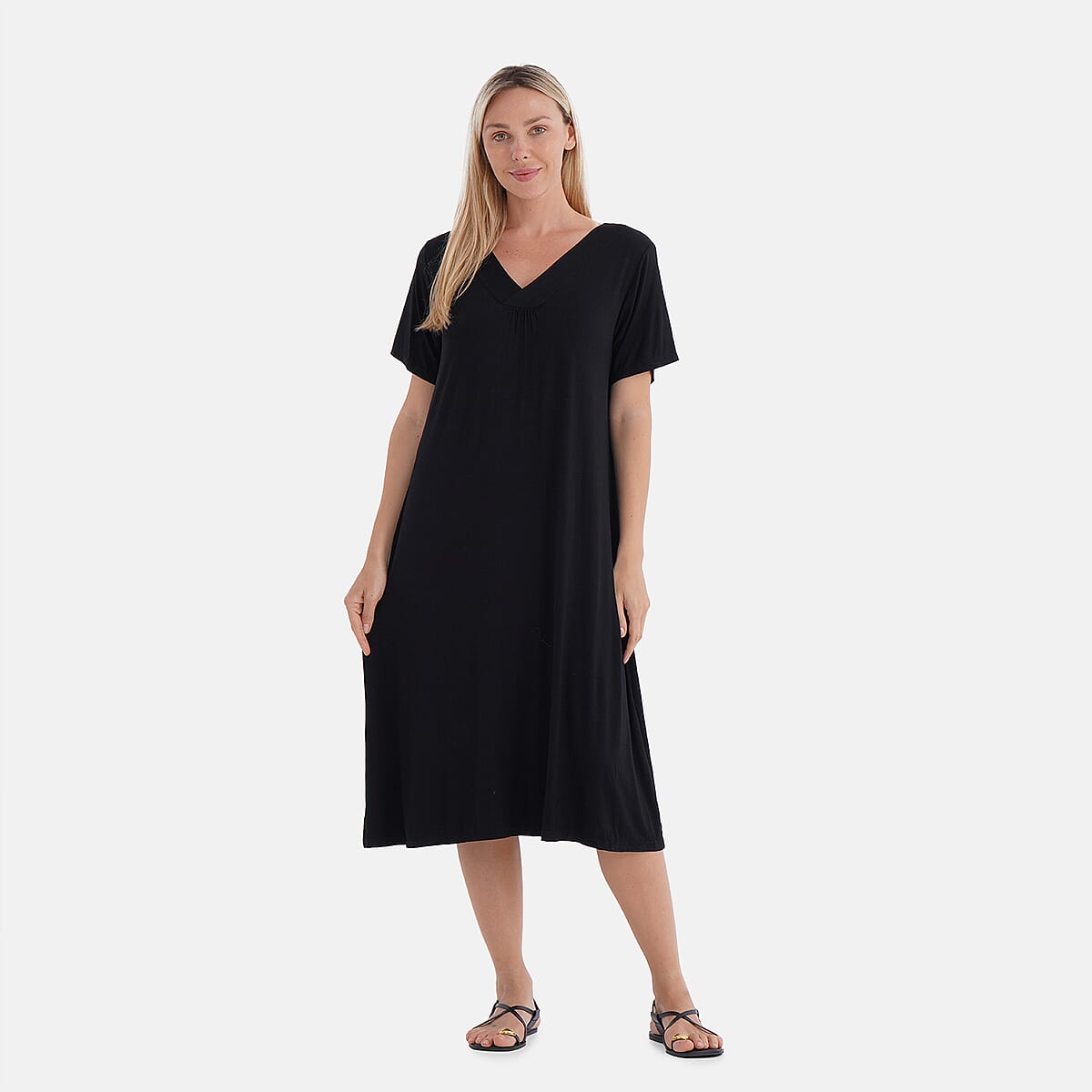 TAMSY Black Solid Knit Summer House Dress with Sleeves - One Size Fits Most image number 0
