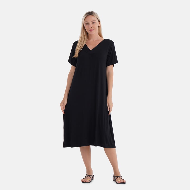 TAMSY Black Solid Knit Summer House Dress with Sleeves - One Size Fits Most