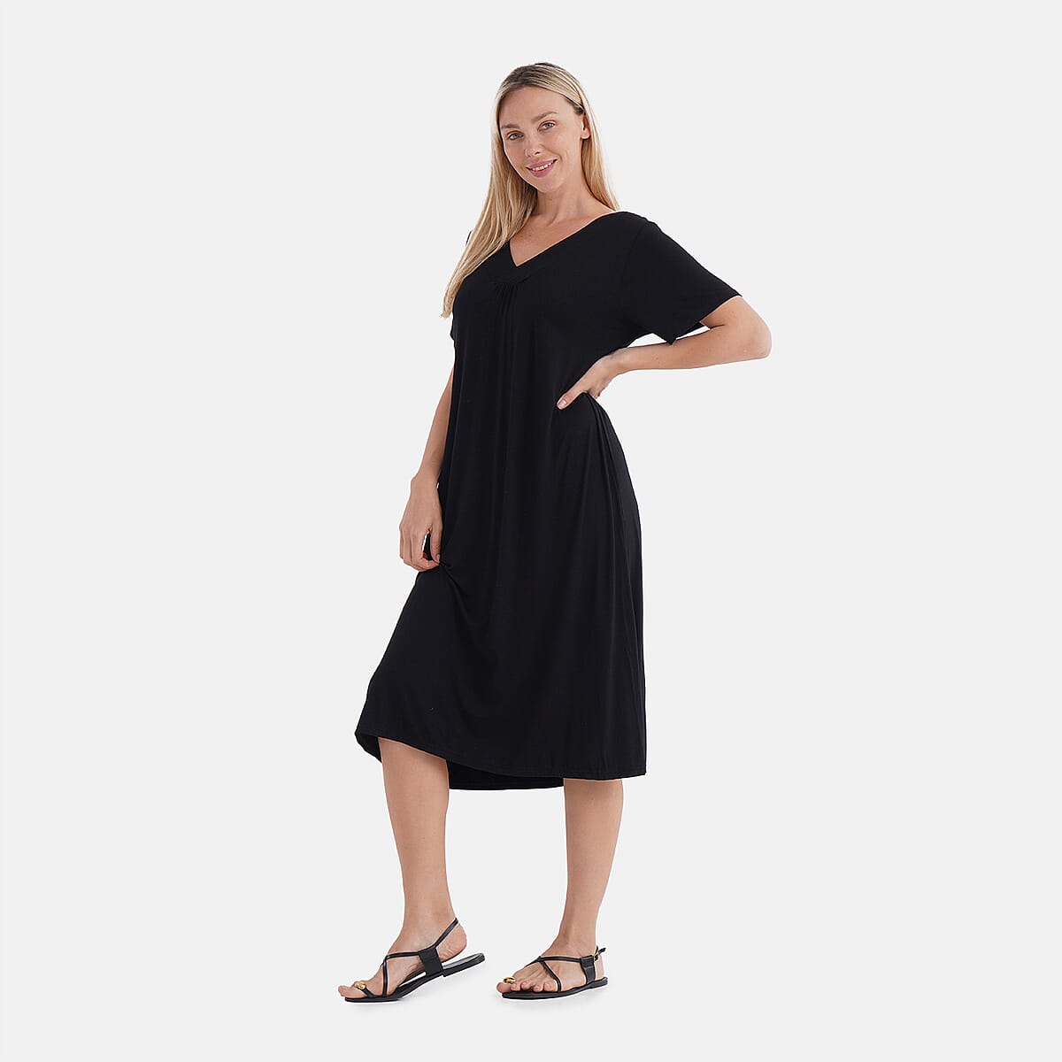 TAMSY Black Solid Knit Summer House Dress with Sleeves - One Size Fits Most image number 2
