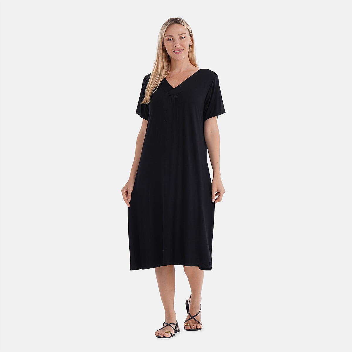 TAMSY Black Solid Knit Summer House Dress with Sleeves - One Size Fits Most image number 3