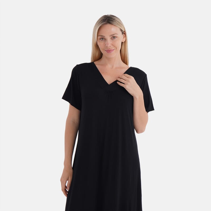 TAMSY Black Solid Knit Summer House Dress with Sleeves - One Size Fits Most
