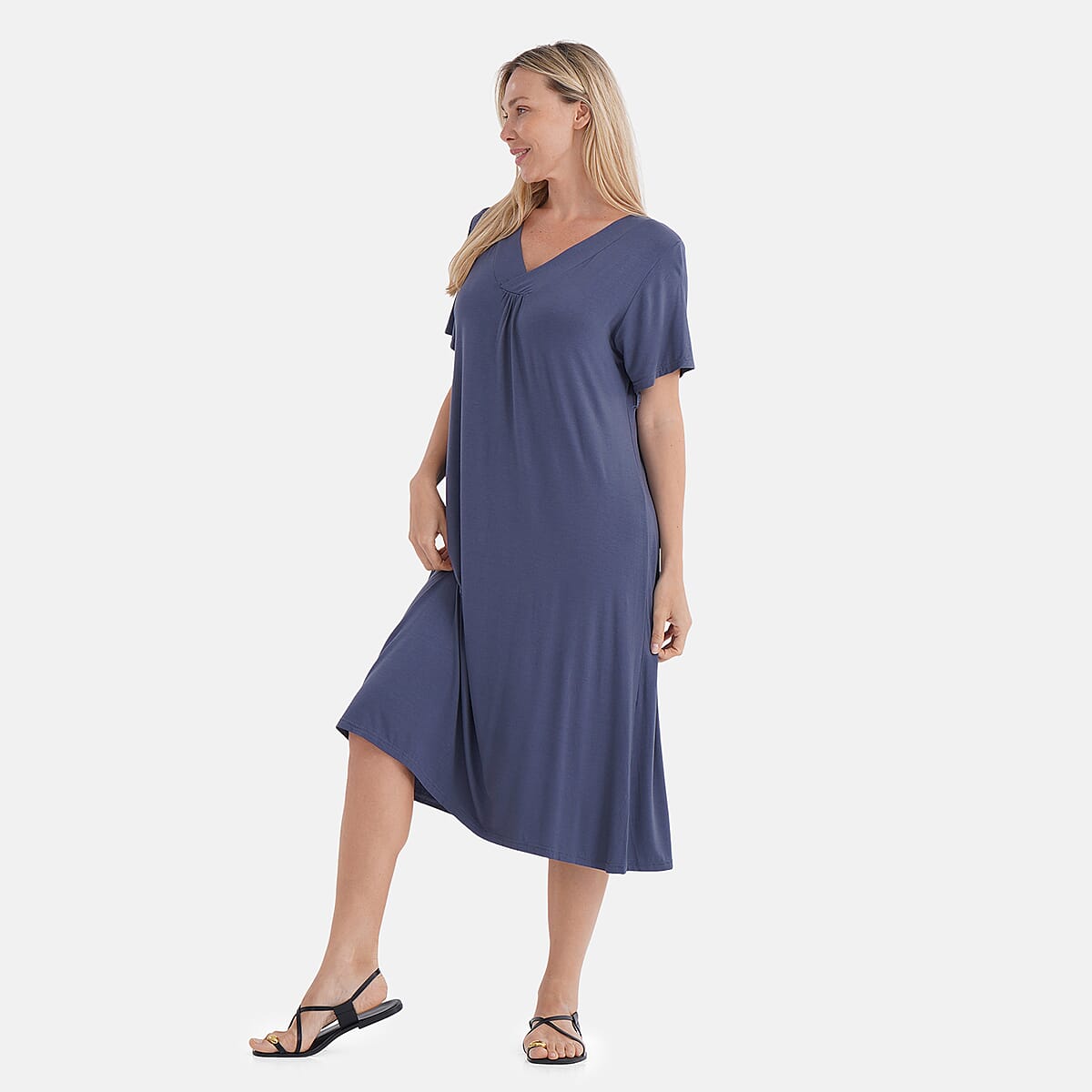 TAMSY Slate Solid Knit Summer House Dress with Sleeves - One Size Fits Most image number 2