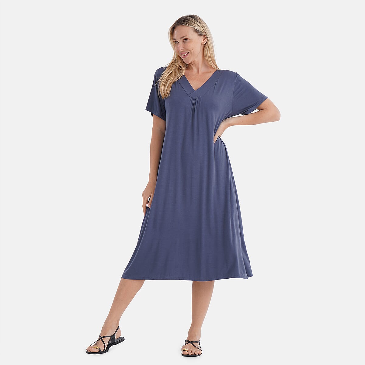 TAMSY Slate Solid Knit Summer House Dress with Sleeves - One Size Fits Most image number 3